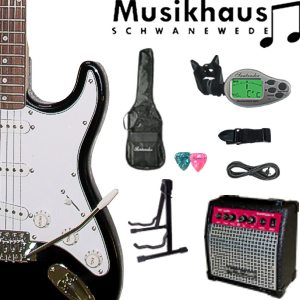 E-GITARRE-SET-VERSTARKER-STIMMGERAT-STANDER-BLACK